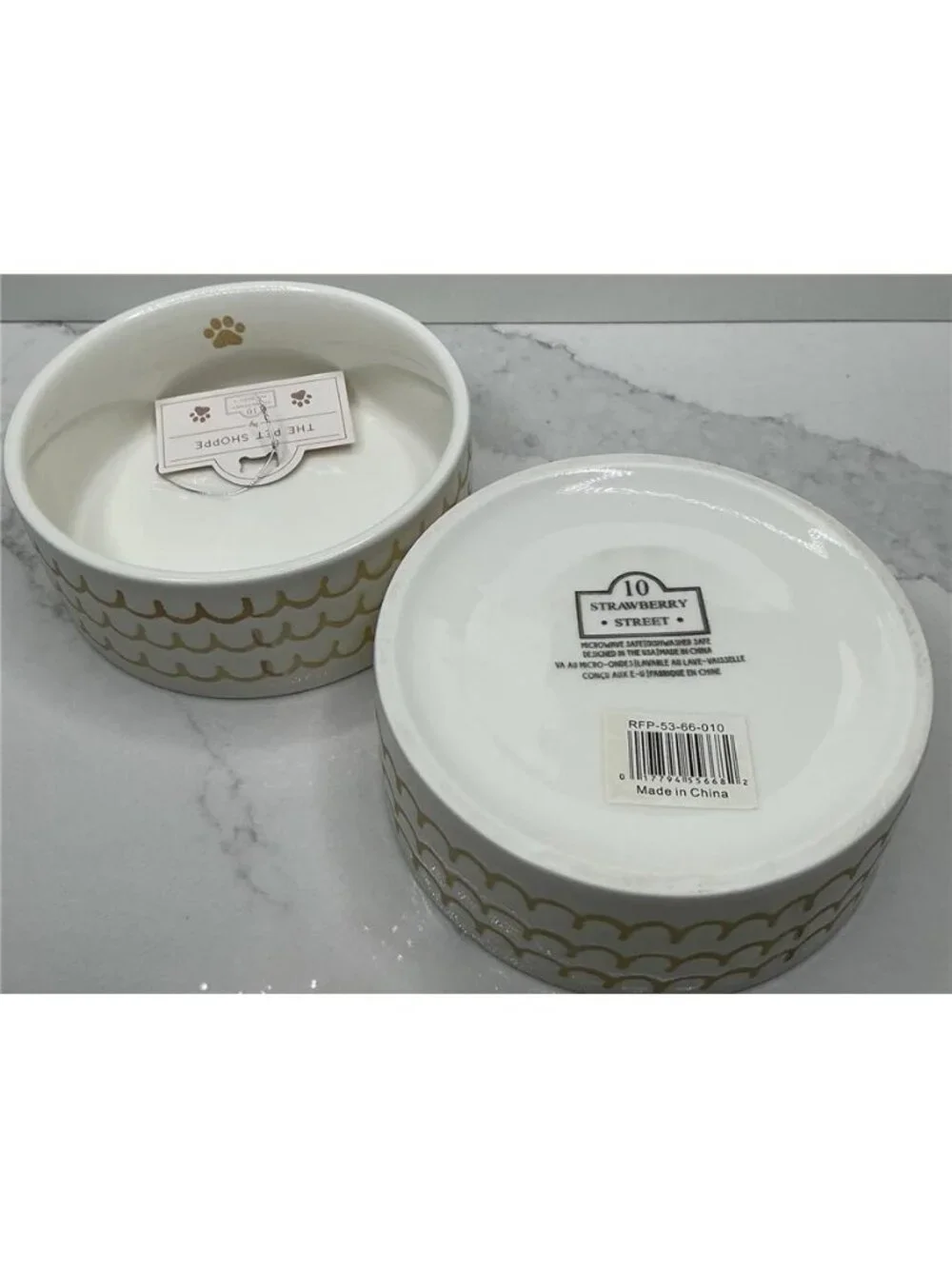10 Strawberry Street 2 Pet Bowl Paw Waves Designs Tan Ceramic New